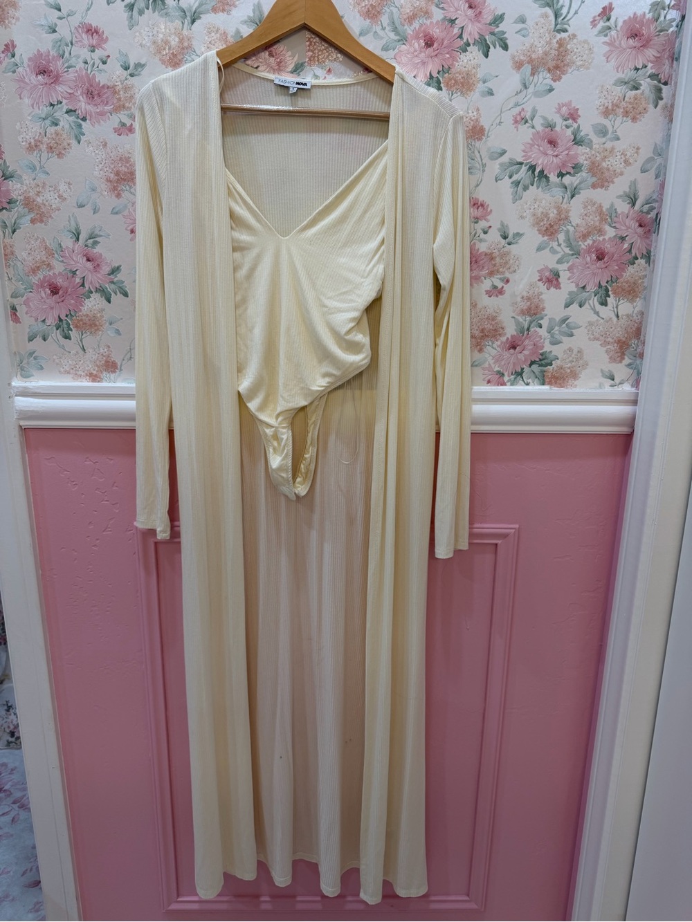 Fashion Nova Cream Sheer Duster Robe with Matching Bodysuit